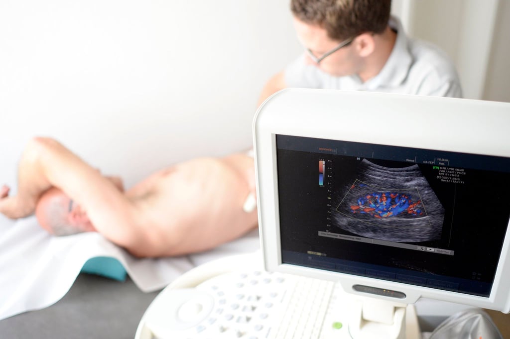 Ein Mediziner untersucht die Niere eines Patienten mit einem Ultraschallgerät