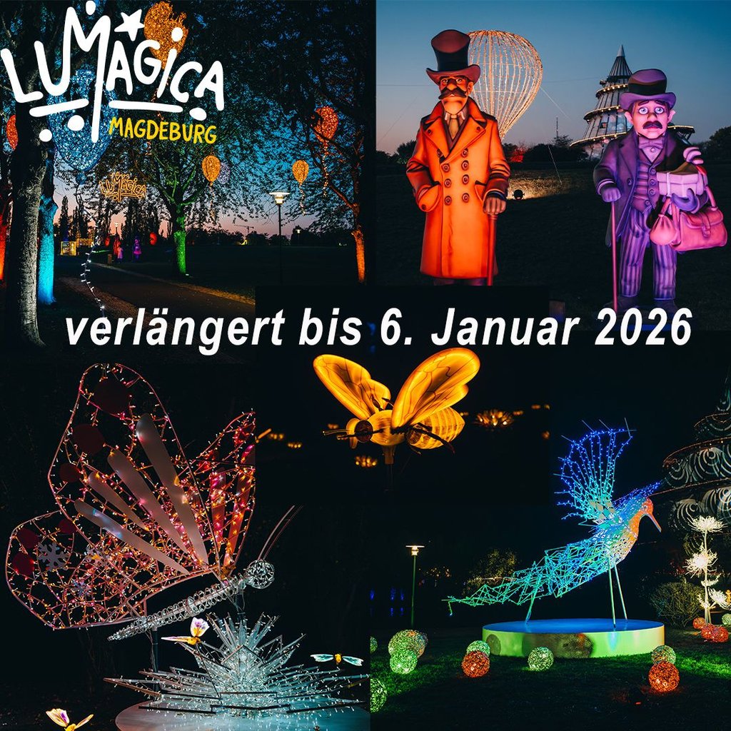 Die Lumagica im Magdeburger Elbauenpark zeichnet mit leuchtenden Attraktionen Jules Vernes "Reise um die Welt in 80 Tagen" nach.