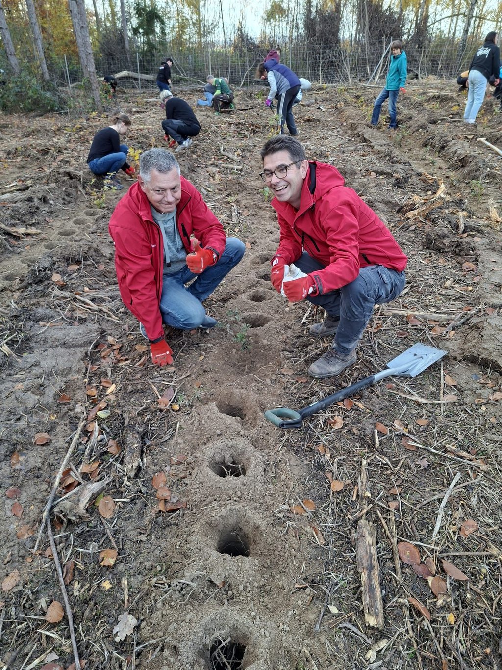 Beschäftigte der Kreissparkasse Börde helfen bei der Pflanzaktion im Hohen Holz durch ihr freiwilliges Engagement tatkräftig mit. 