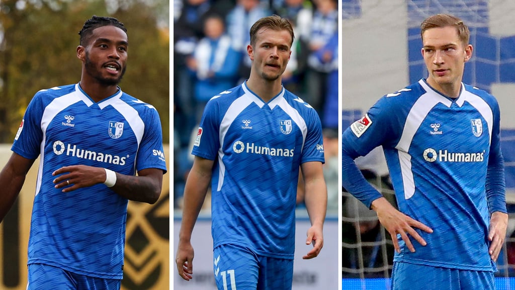 Ado Onaiwu, Alexander Ahl-Holmström und Maximilian Breunig (v.li.) vom 1. FC Magdeburg: Torflaute im Dreiertakt.