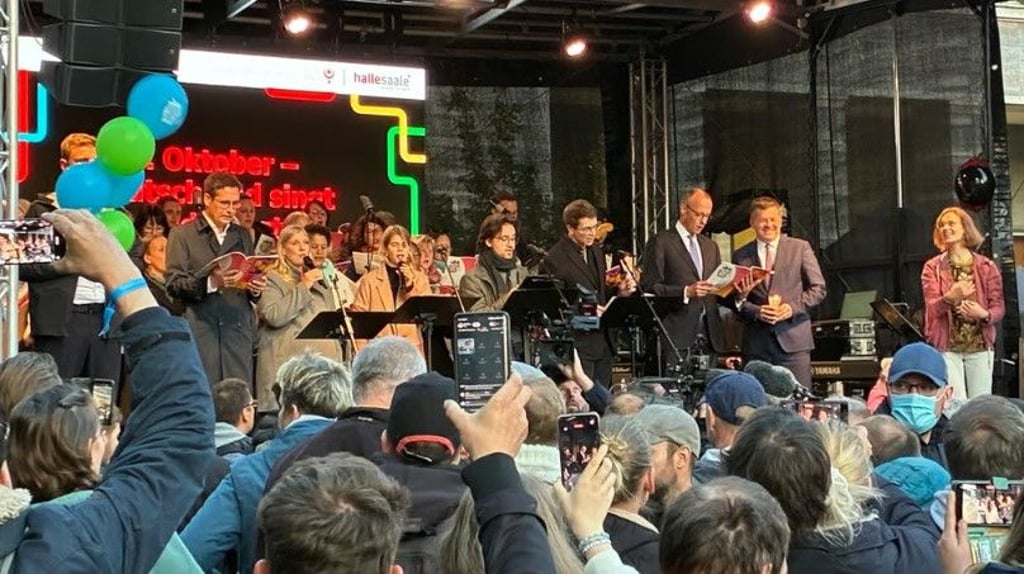 Bundeskanzler Friedrich Merz war am Tag der Deutschen Einheit 2025 in Halle zu Besuch.&nbsp;