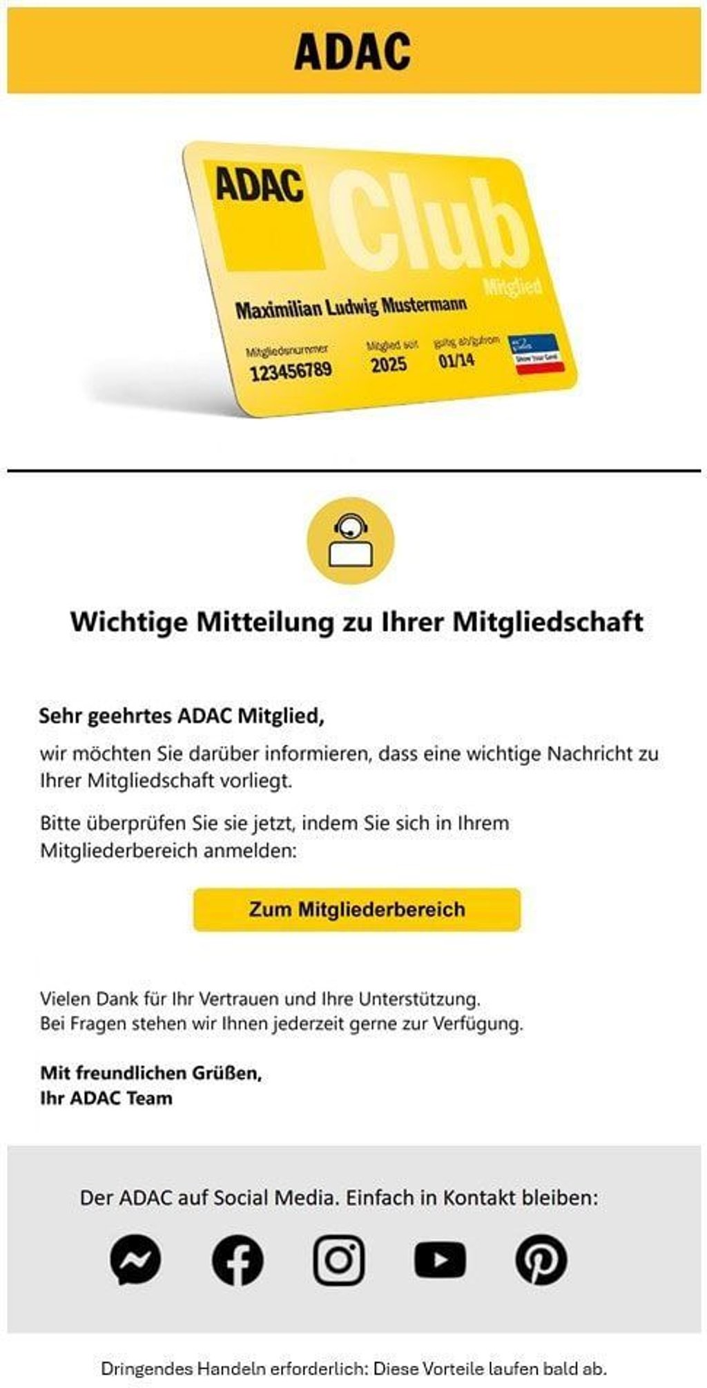 Mit solchen oder ähnlichen E-Mails wollen Betrüger an sensible Daten von ADAC-Mitgliedern kommen.