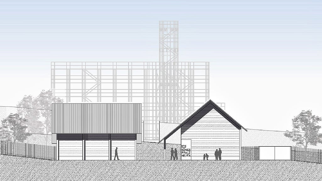 Hinter den Eingangsgebäuden erhebt sich die Stahlskulptur, die die Kirche symbolisieren soll. 