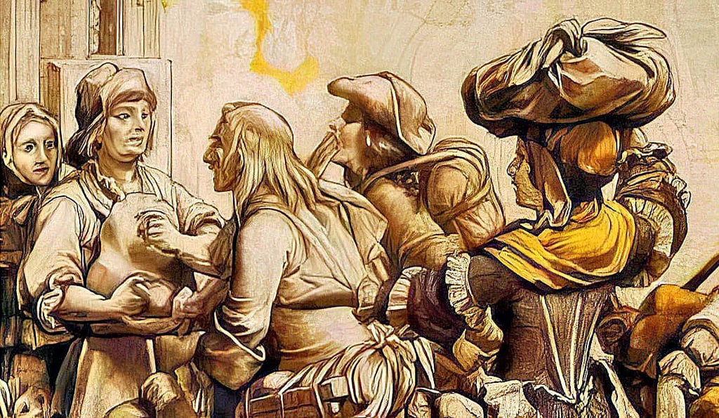 Das Bild von 1892 zeigt, wie dankbar und glücklich hugenottische Zuwanderer waren, die von  deutschen Handwerker 1686 in Erlangen begrüßten wurden.