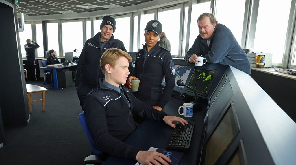 Zöllner Sven-Erik Dröse (Lukas Zumbrock, sitzend) kommt einer heißen Spur auf die Schliche in einer Szene aus der Folge „Geschäft mit dem Tod“ aus der Krimireihe „Der Bremerhaven-Krimi“ - hinten von links nach rechts: Elena Uhlig, Cynthia Micas, Bernd Hölscher.