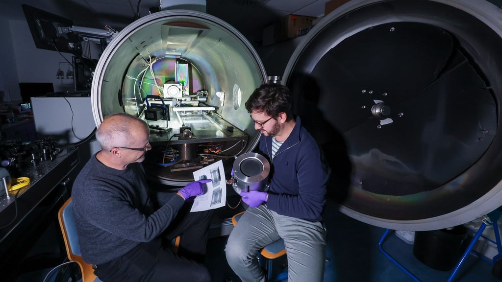 Daniel Spemann (links) und Lukas Pietzonka vom Leibniz-Institut für Oberflächenmodifizierung (IOM) bereiten einen Laborversuch mit einem Ionentriebwerk vor.