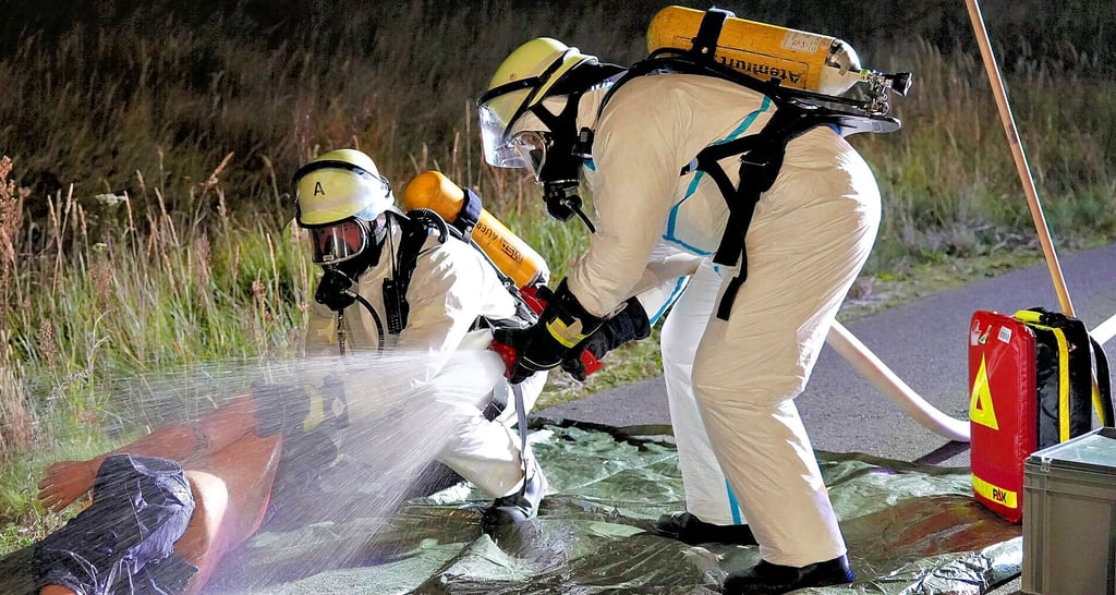 Simon Stoppok und Marvin Schmolke von der Feuerwehr Heeren dekontaminieren den Geretteten.