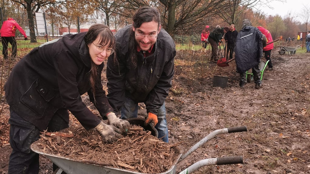 Gemeinsam für mehr Grün in Magdeburg: Mara Mosbacher und David Haase waren zwei von rund 70 Helfern, die bei der Aktion „Otto pflanzt“ trotz Dauerregen 1.200 Bäume und Sträucher in die Erde gebracht haben.