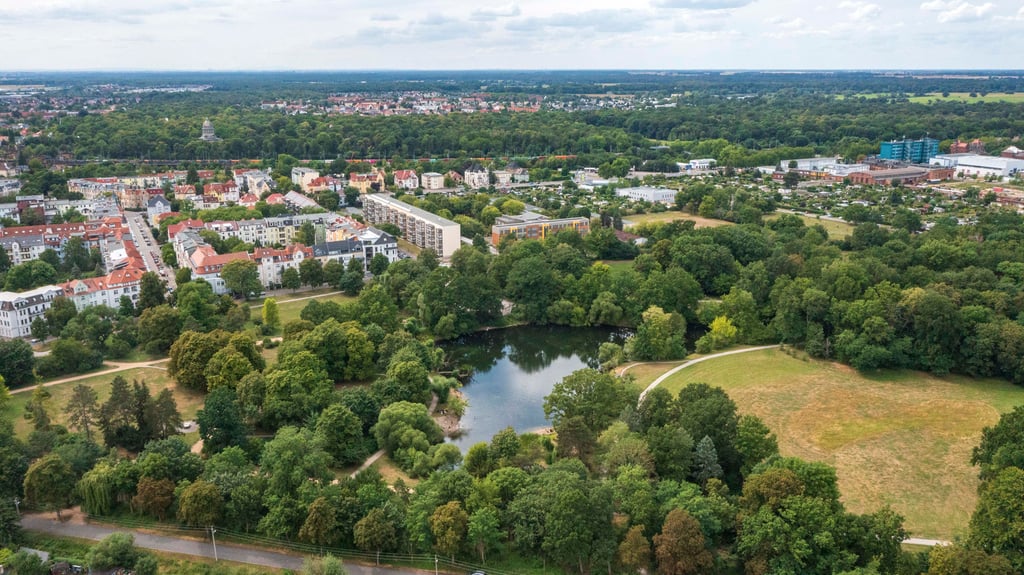Blick von oben auf Dessaus Grüne  Lunge in Nord: der Schillerpark. Nicht nur ihn zu pflegen, braucht es mehr Geld. 