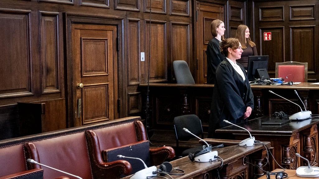 Die Verteidigerin steht zunächst ohne ihre Mandantin im Gerichtsaal. Die wahrscheinlich psychisch kranke Beschuldigte wird erst hereingeführt, nachdem die Fotografen gegangen sind.