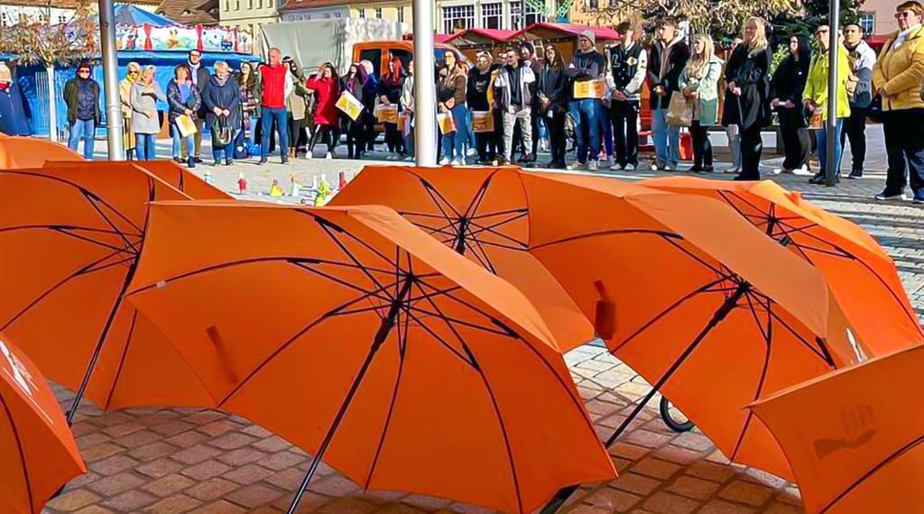 Orangefarbene Schirme sollen zum Orange Day in Bernburg aufgespannt werden.