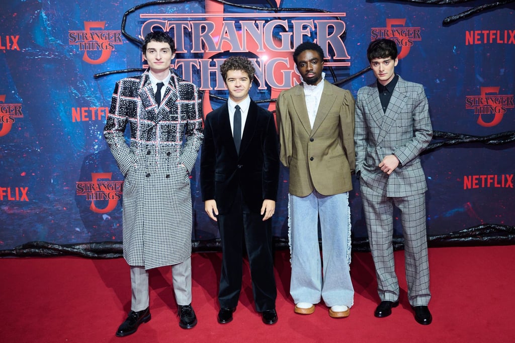 Die „Stranger Things“-Stars Finn Wolfhard (l-r), Gaten Matarazzo, Caleb McLaughlin und Noah Schnapp kamen zum Fan-Event nach Berlin.