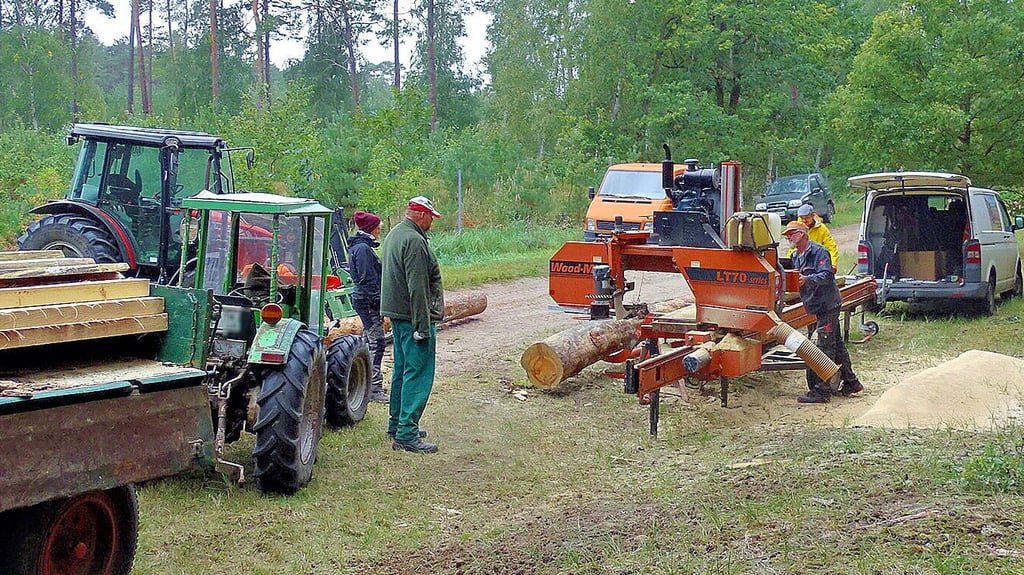 Mit einem mobilen Sägegatter kann Holz auf das gewünschte Maß geschnitten werden, so geschehen im Jahr 2023 im Wald bei Nitzow.