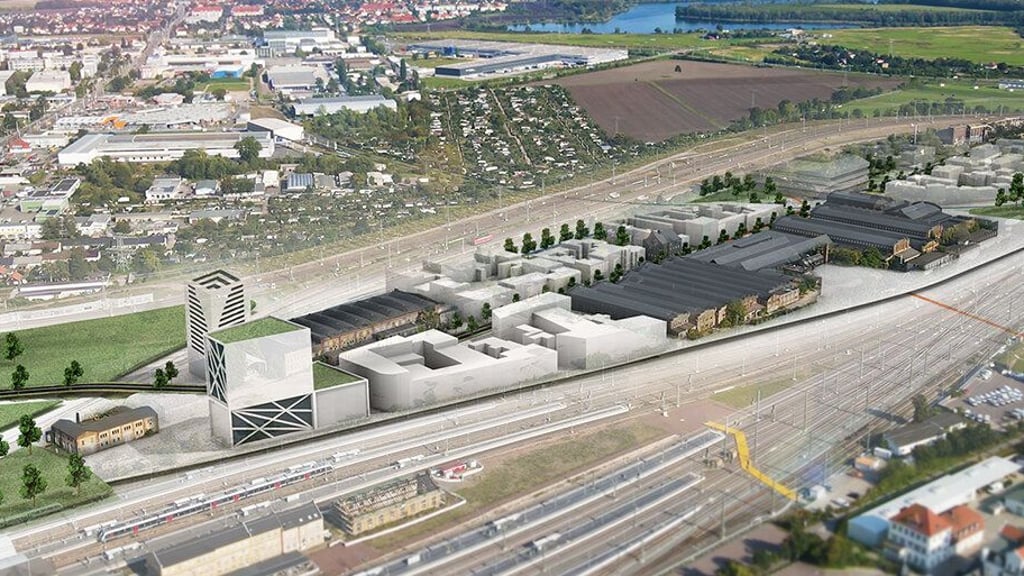 Diese Visualisierung präsentierte die Stadt Halle zuletzt als mögliche Entwicklung des RAW-Geländes hinter dem Hauptbahnhof. Auf dem Areal könnte auch die Deutsche Bahn ein Gebäude beziehen.