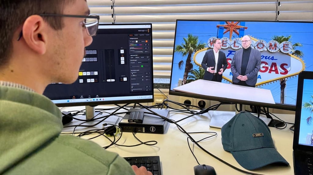 Ab nach Las Vegas: Der Neuntklässler Yannick hat Schulleiter Stephan Baier und Ministerpräsident Reiner Haseloff dank Green Screen in die USA geschickt.