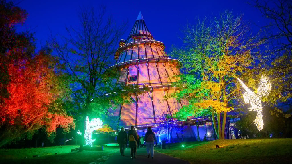 Besucher des Elbauenparks gehen durch die Lichterwelt "Lumagica".