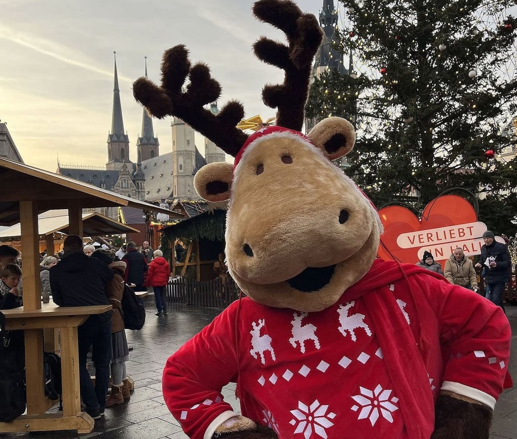 Rentier-Maskottchen Rudi auf dem Weihnachtsmarkt in Halle.