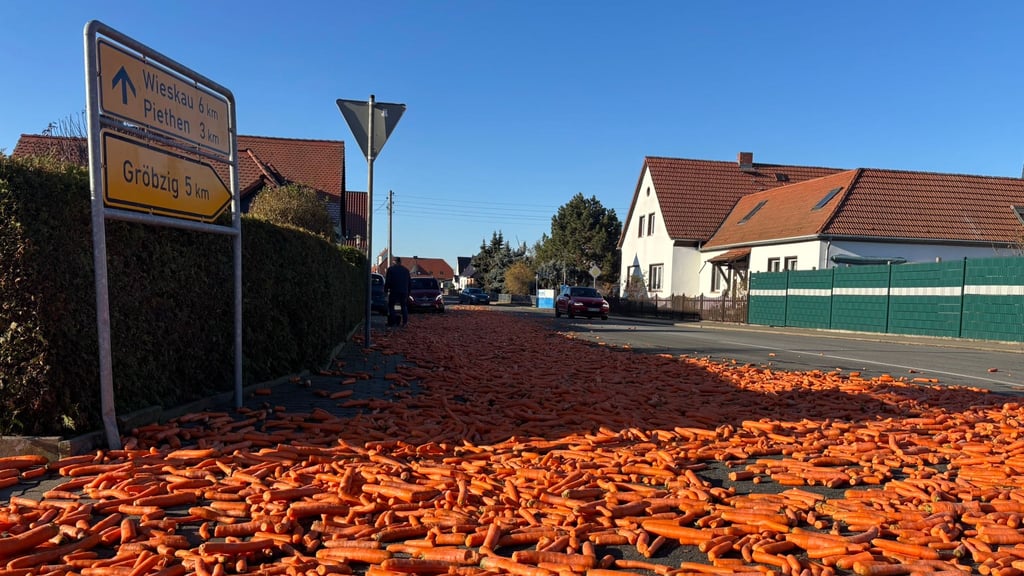 Möhren liegen am Samstag auf einer Fahrspur an der Einmündung der Kurt-Eisner-Straße auf die Köthener Straße in Edderitz. Doch wer hat sie dort liegenlassen?