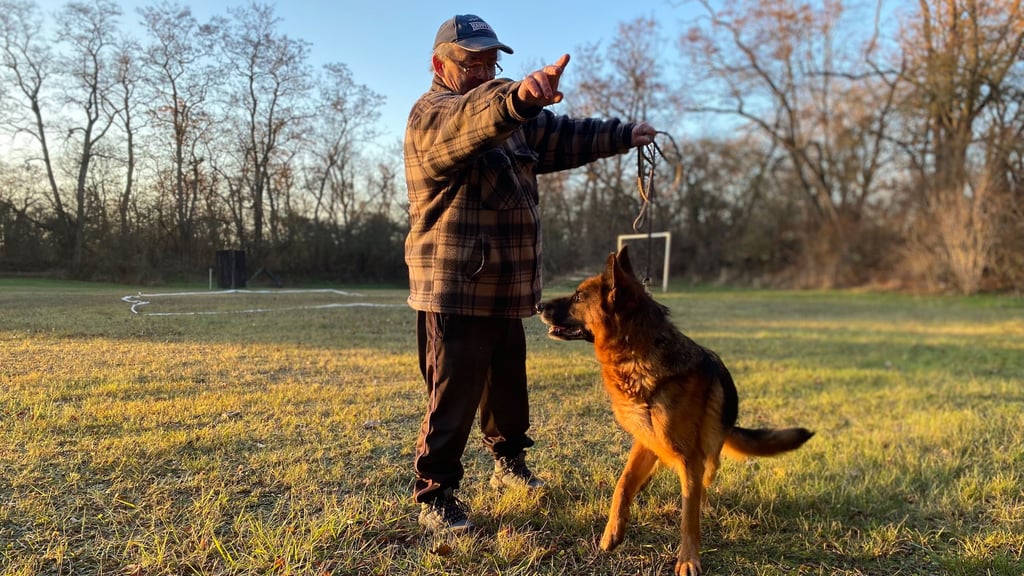 Gerald Barthel (57), Vorsitzender des Schäferhunde-Vereins mit Schäferhündin Rieke (11), auf dem Trainingsplatz nahe dem Strandbad.