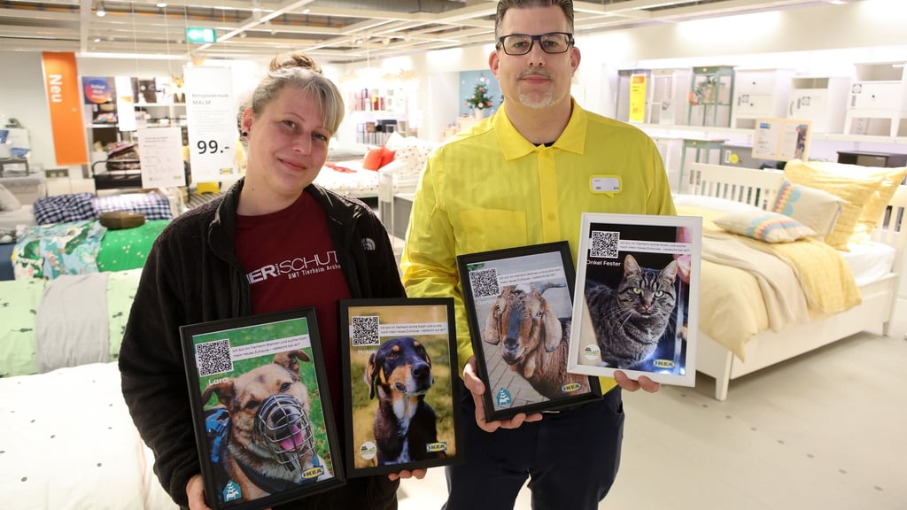Mit Fotos werben Tierheimleiterin Sarah Ross und Ikea-Abteilingsleiter Gerrit Kaminski mitten in der Möbelausstellung für schwer vermittelbar Tiere.