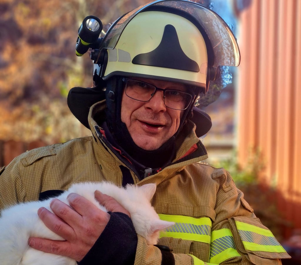Glückliches Ende von einem tierischen Einsatz in Burg: Michael Richter von der freiwilligen Feuerwehr hält die Katze, die in einen Baum geklettert und nicht wieder selbst heruntergekommen war, in den Armen.