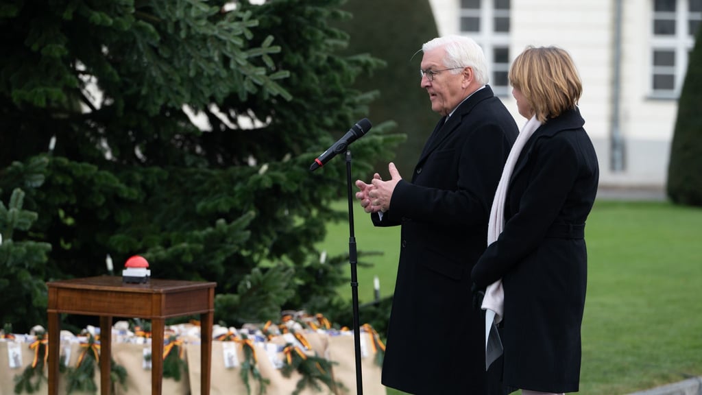 Bundespräsident Frank-Walter Steinmeier (l) und seine Frau Elke Büdenbender schalten die Beleuchtung des Weihnachtsbaums vor dem Schloss Bellevue ein.