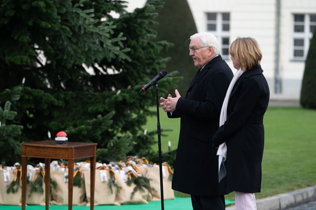 Bundespräsident Frank-Walter Steinmeier (l) und seine Frau Elke Büdenbender schalten die Beleuchtung des Weihnachtsbaums vor dem Schloss Bellevue ein.