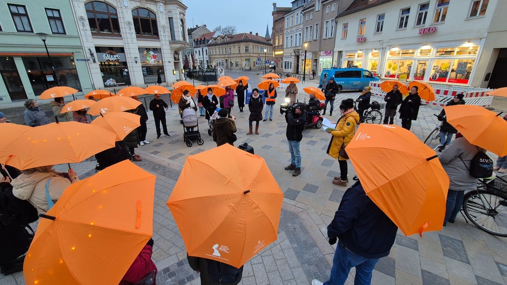 Die Teilnehmer des Orange Walks in Stendal haben sich am Dienstag, 25. November, um 16 Uhr auf dem Sperlingsberg versammelt.