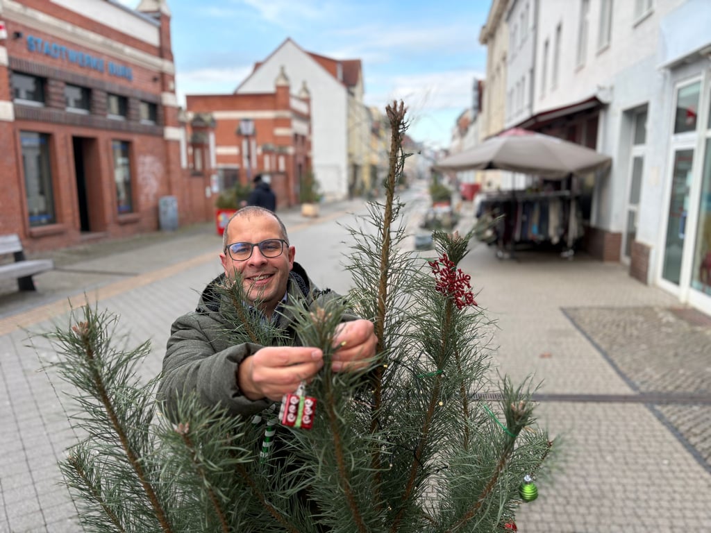 Burgs Bürgermeister Philipp Stark legt bei der Dekoration der Bäume vom Winterwald in der Innenstadt mit Hand an.
