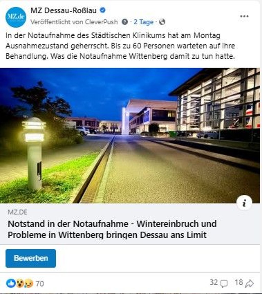 Der Facebook-Post zum Ausnahmezustand in der Dessauer Notaufnahme.