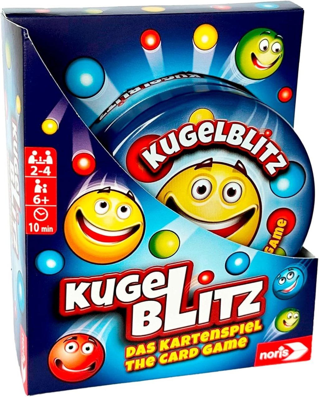 Für Reaktionsschnelle: Kugelblitz – Das Kartenspiel, erschienen bei Noris. 2 bis 4 Spieler, ab 6 Jahren, ca. 10 Minuten, ca. 10 Euro.