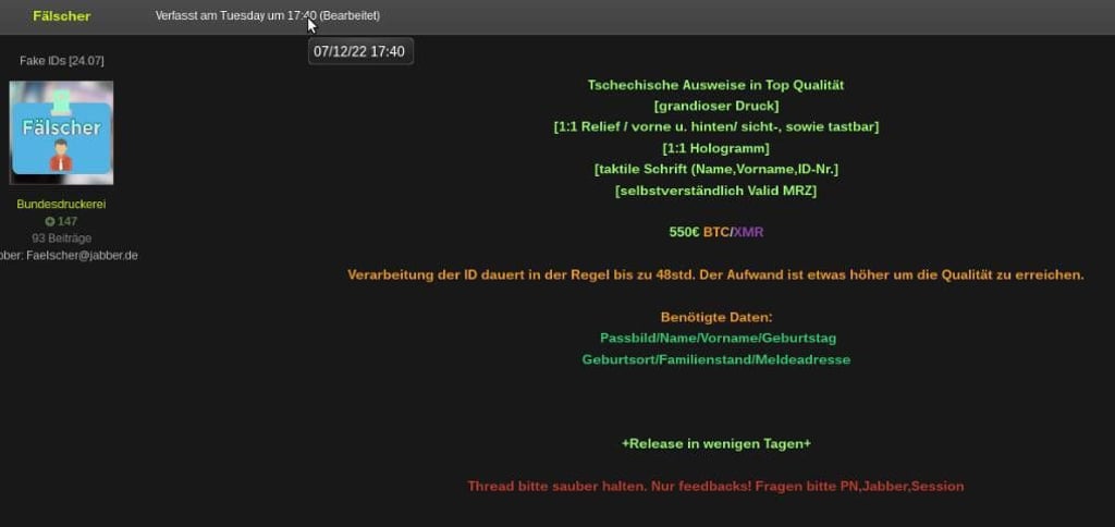 Screenshot vom Shop des Dokumentenfälschers, der im Darknet betrieben wurde.
