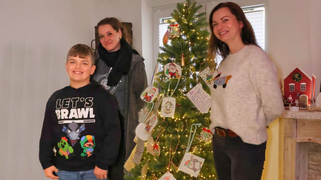 Mikko Reiche (v.l.), Patricia Pfaff und  Nadine Priesing stehen vor dem geschmückten Wunschweihnachtsbaum. 