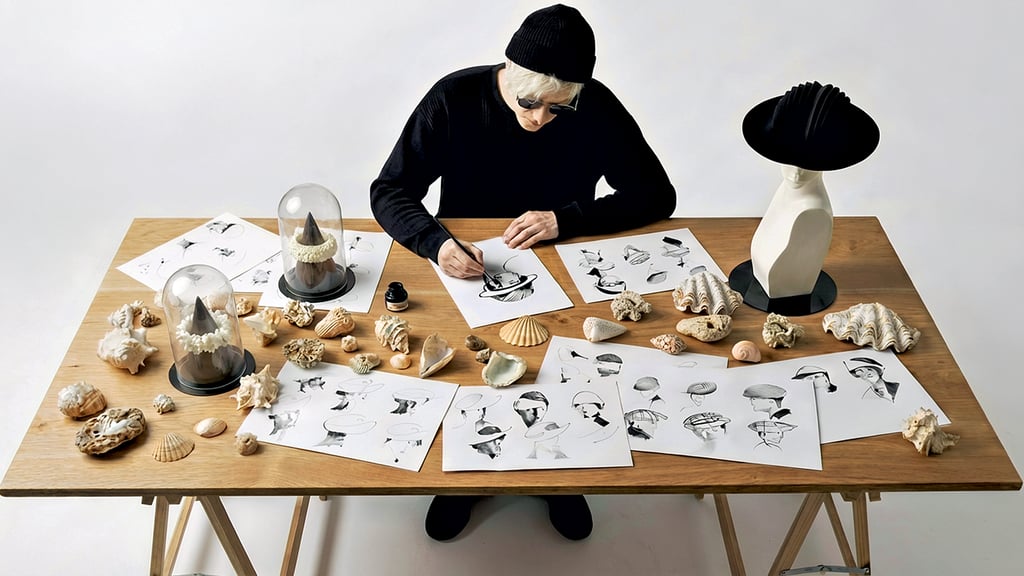 Der Dessauer Designer Marc Feldmann bei der Arbeit: Für seine „Headshell“-Kollektion, die aus Kopfbedeckungen besteht, hat er sich von Muscheln inspirieren lassen.