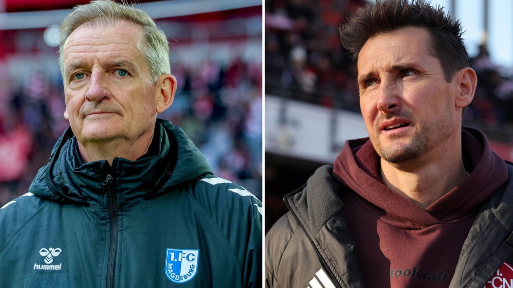 Petrik Sander, gleichberechtigter Cheftrainer vom 1. FC Magdeburg, und Miroslav Klose, Chefcoach vom 1. FC Nürnberg.