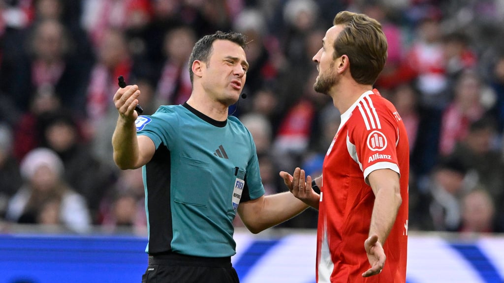 Schiedsrichter Felix Zwayer im Gespräch mit Starstürmer Harry Kane vom FC Bayern München.