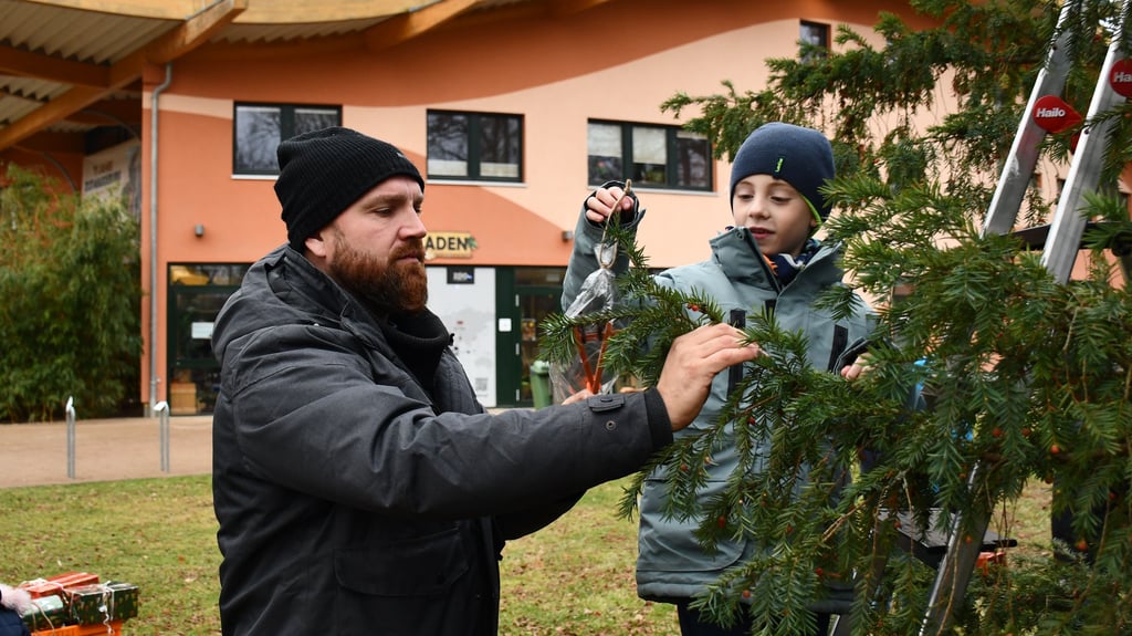 Mitarbeiter Daniel Lübke hilft Paul dabei, seine Bastelei vor dem Eingang des Magdeburger Zoos anzubringen.