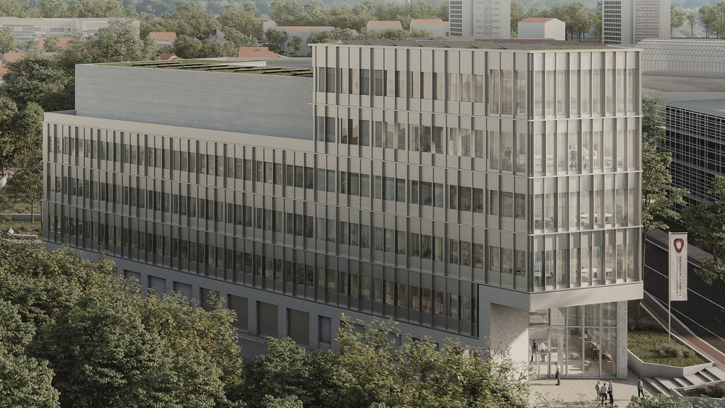 So soll das Business Development Center (BDC) am Weinberg Campus in Halle einmal aussehen. Es soll unter anderem 30 neuen Laboren Platz bieten.  