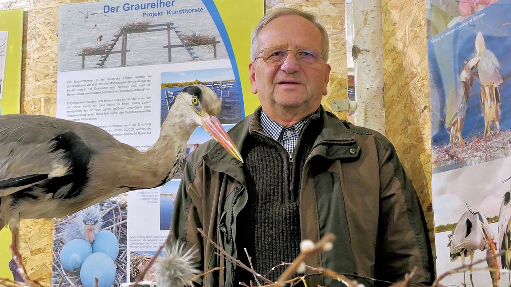Die Nisthilfen für Graureiher – hier ein Modell in der Ausstellung der Fachgruppe Ornithologie und Vogelschutz – seien ein Erfolg, sagt Udo Schwarz. 