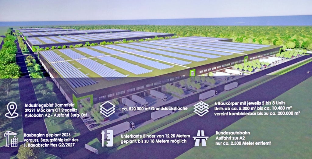 Sechs neue Hallen auf weiteren 82 Hektar: Auszug aus der Präsentation zur geplanten Erweiterung des bestehenden Gewerbegebietes in Möckern-Stegelitz.