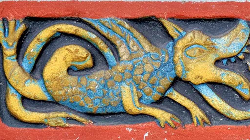 Detail aus dem romanischen Sandsteinfries im Mittelschiff der Stiftskirche: gelber Drache mit blauer Binnenzeichnung (Rekonstruktion)