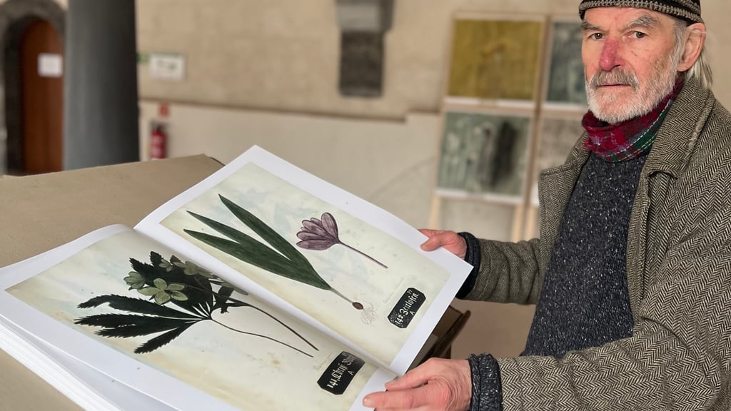 Olaf Wegewitz an dem Herbar, das in der neuen Ausstellung auf der Huysburg zu sehen ist.