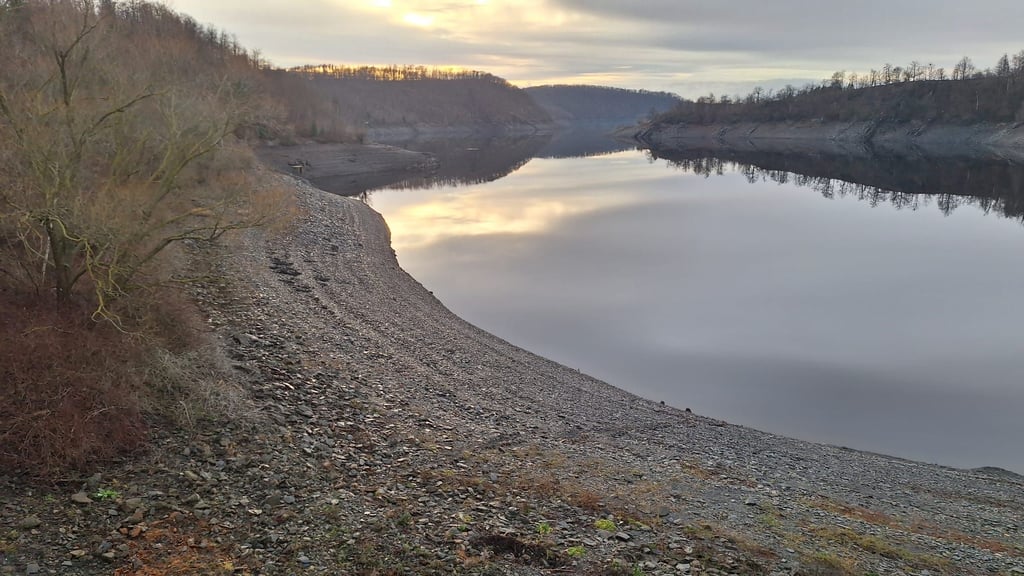 Der Blick auf die Rappbodetalsperre zeigt, dass das Staubecken deutlich weniger Wasser enthält als in anderen Jahren um diese Zeit. 