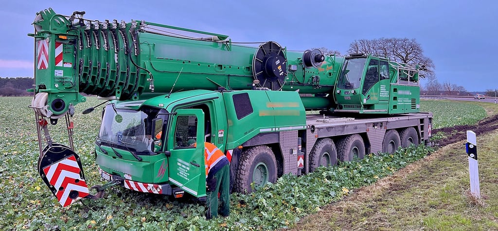 Der Autodrehkran war in der Rechtskurve vor Scharlibbe von der Fahrbahn ab- und auf einem angrenzenden Feld gegenüber dem Denkmal zum Stehen gekommen.