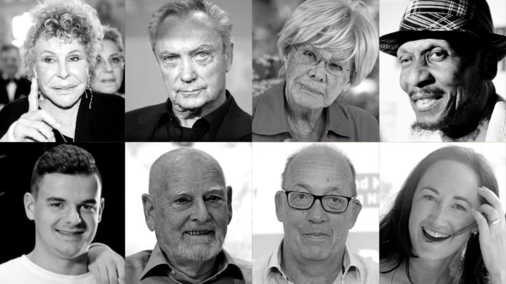 Prominente Todesfälle 2025: oben.v.l.:&nbsp;Kim Flint, Lenny Wilkens, Sally Kirkland, Dick Cheney: u.v.l.: Alice Kessler, Ellen Kessler, Hark Bohm, Jürgen Thebrath