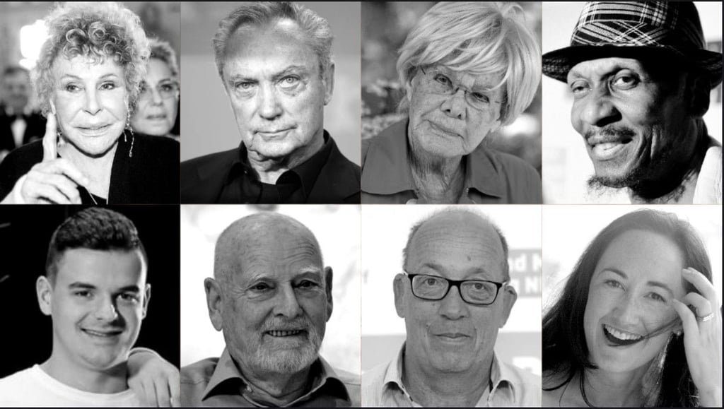 Prominente Todesfälle 2025: oben.v.l.:&nbsp;Kim Flint, Lenny Wilkens, Sally Kirkland, Dick Cheney: u.v.l.: Alice Kessler, Ellen Kessler, Hark Bohm, Jürgen Thebrath