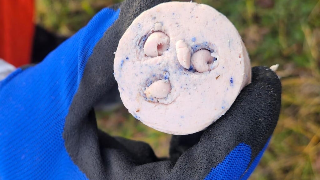 Eine Hand hält einen der gefundenen Wurststücke – vermutlich mit Gift präpariert. Die Polizei ermittelt. Das Ordnungsamt Flechtingen warnt: Hundebesitzer sollten wachsam sein.