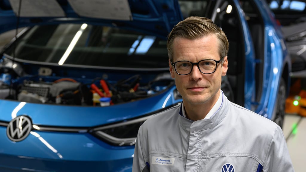 Danny Auerswald, Vorsitzender der Geschäftsführung von Volkswagen Sachsen, steht an einer Produktionslinie im Werk in Zwickau. (Archivbild)