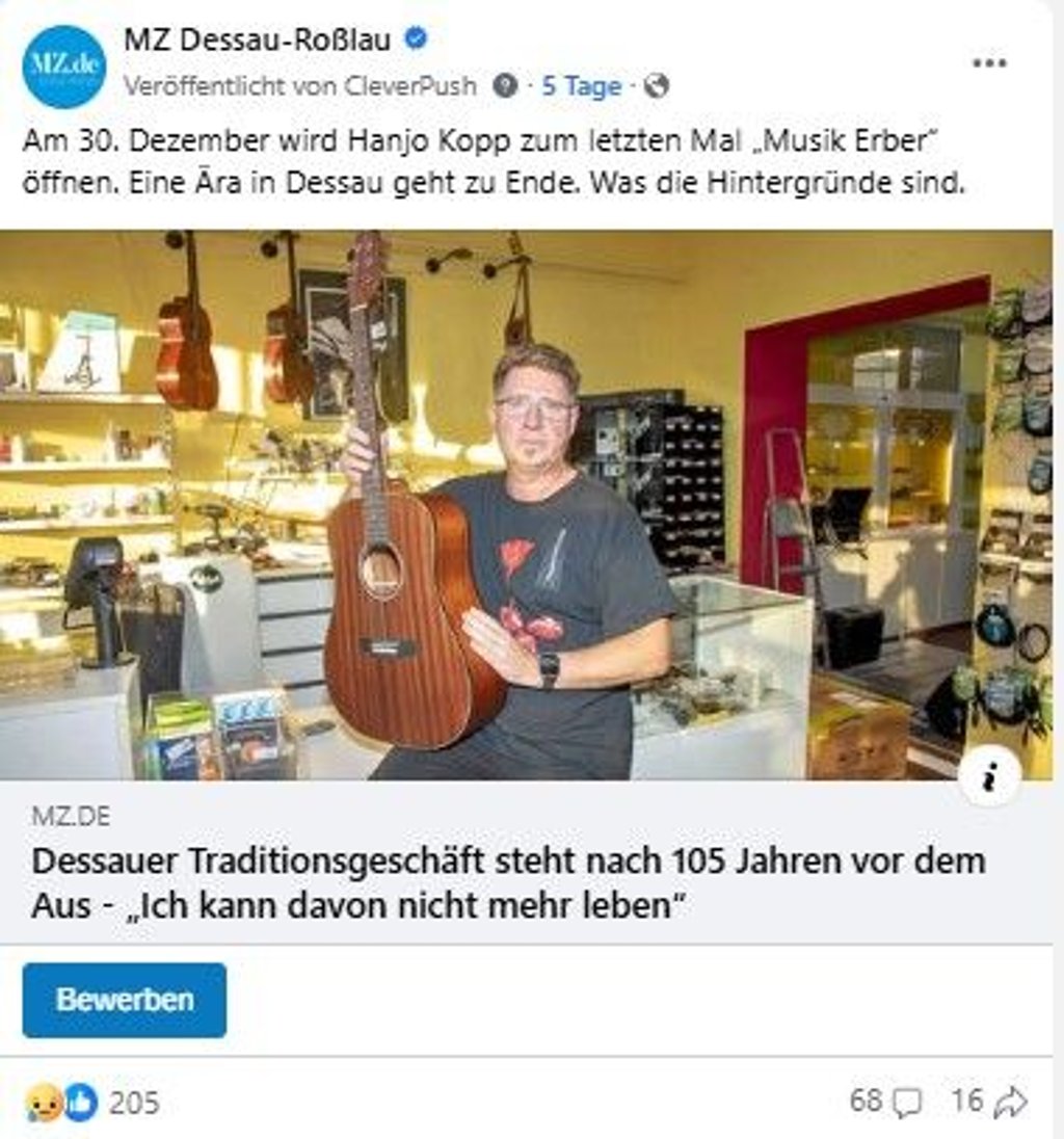 Der Facebook-Post zum Artikel über das Ende von „Musik Erber".
