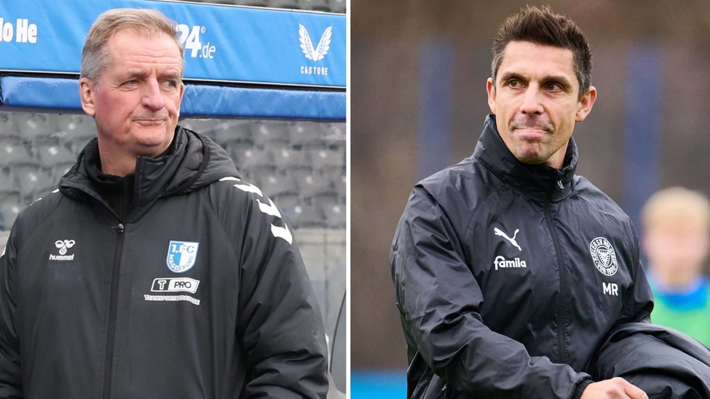 FCM-Trainer Petrik Sander und sein kommender Gegner-Coach Marcel Rapp von Holstein Kiel.